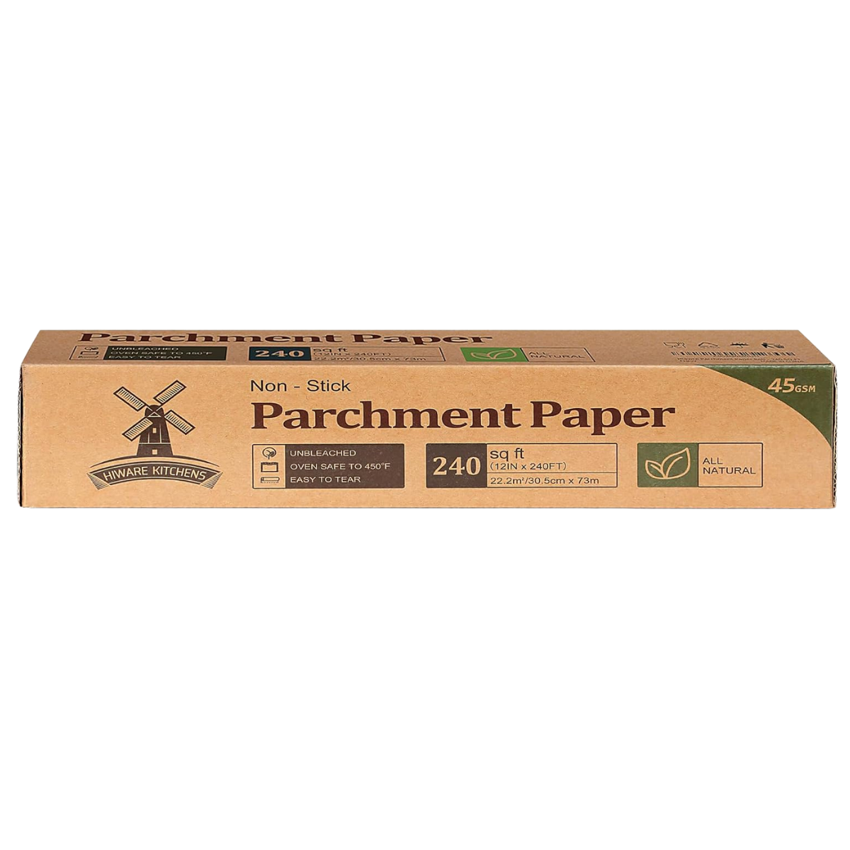 A box of non-stick parchment paper, size 240 square feet, with eco-friendly labeling, indicating it is all-natural and safe for oven use up to 450 degrees Fahrenheit. The packaging features a windmill logo and the brand name 'Hiware Kitchens'.