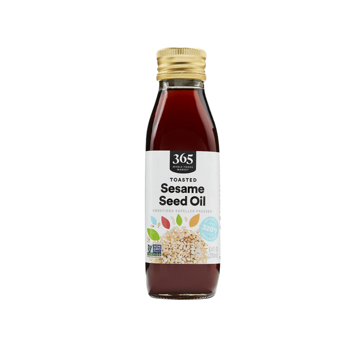 Bottle of toasted sesame seed oil from 365 Whole Foods Market with a white label, black and gray accents, and a golden cap.