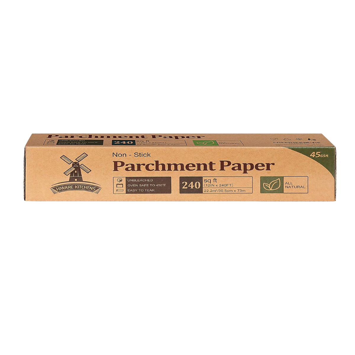 A box of HiWare Kitchens non-stick parchment paper, with the branding and product details printed on it, including its size, and features.