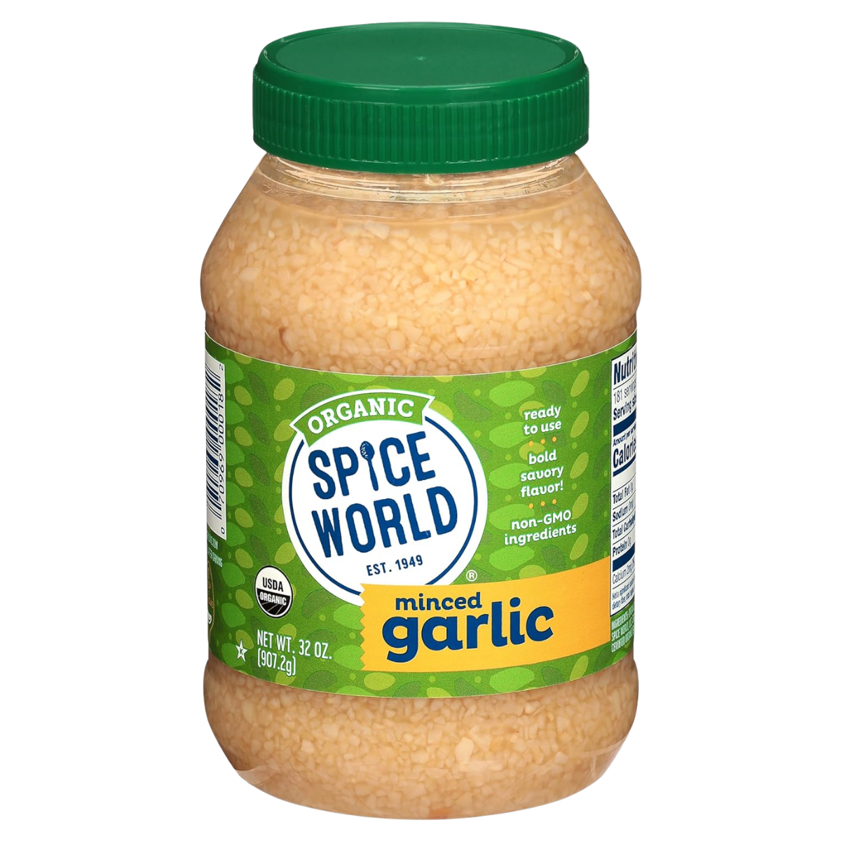 A jar of Minced Garlic from Spice World, with a green lid and green label, containing chopped garlic.