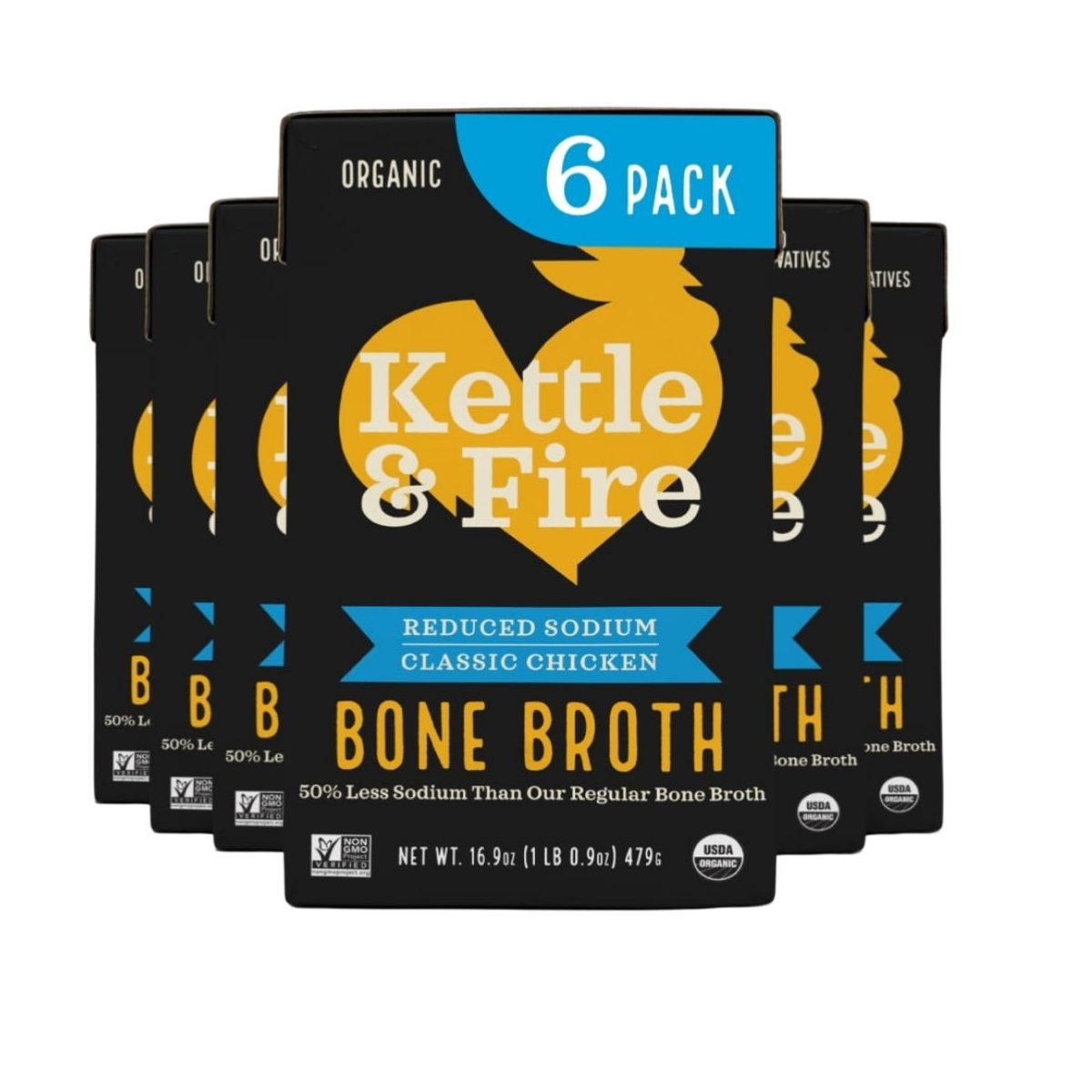 Six packs of Kettle & Fire organic reduced sodium classic chicken bone broth, each pack featuring a black background with a yellow kettle logo and blue accents, and labeled as 16.9 ounces.