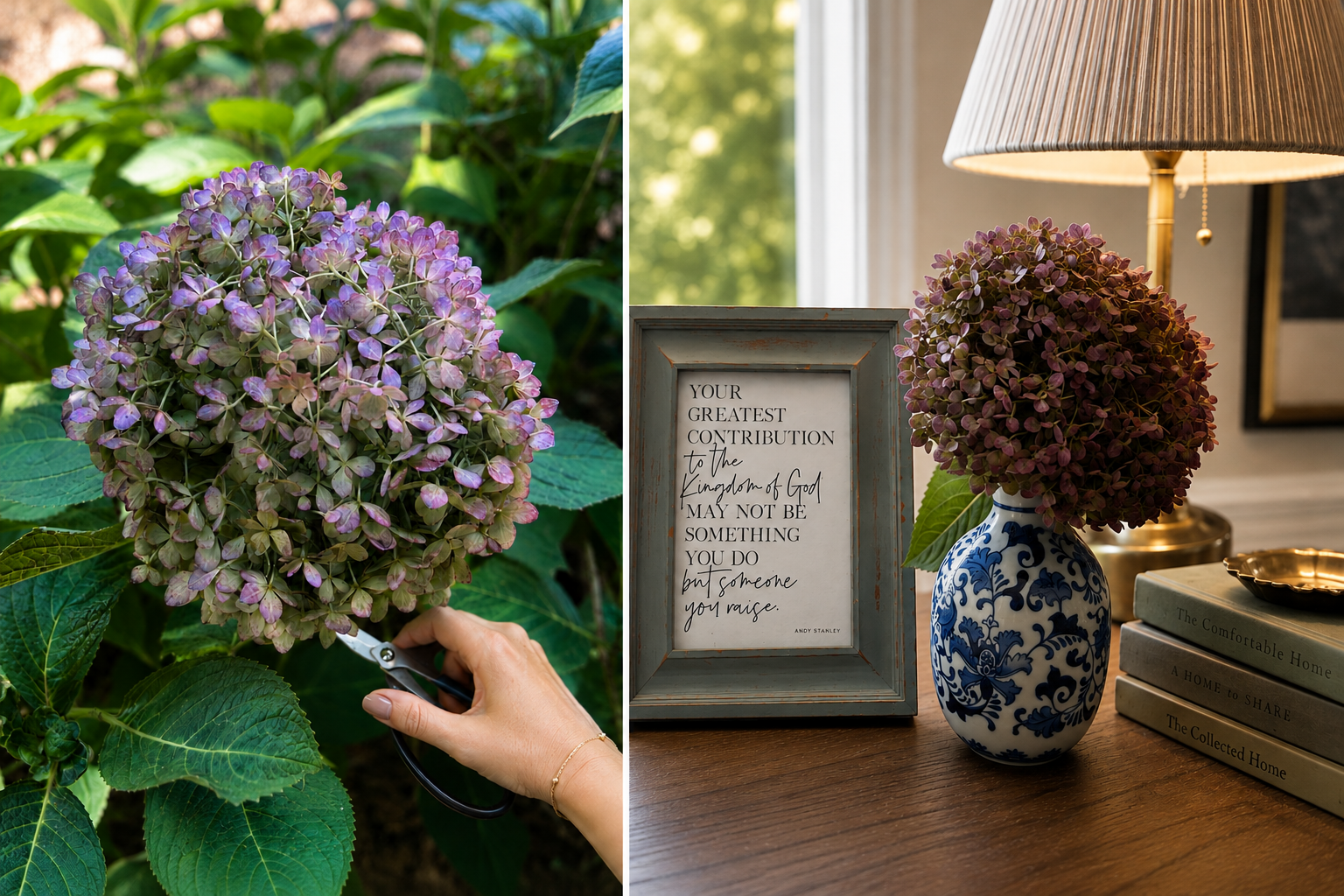 Early fall is here. Time to cut the fading blooms outdoors and put them in vases indoors like blue and white chinoiserie vase.