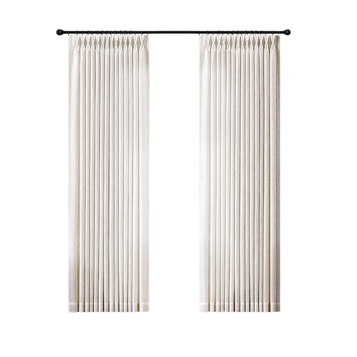 Cream-colored vertical window curtains hanging from a black curtain rod