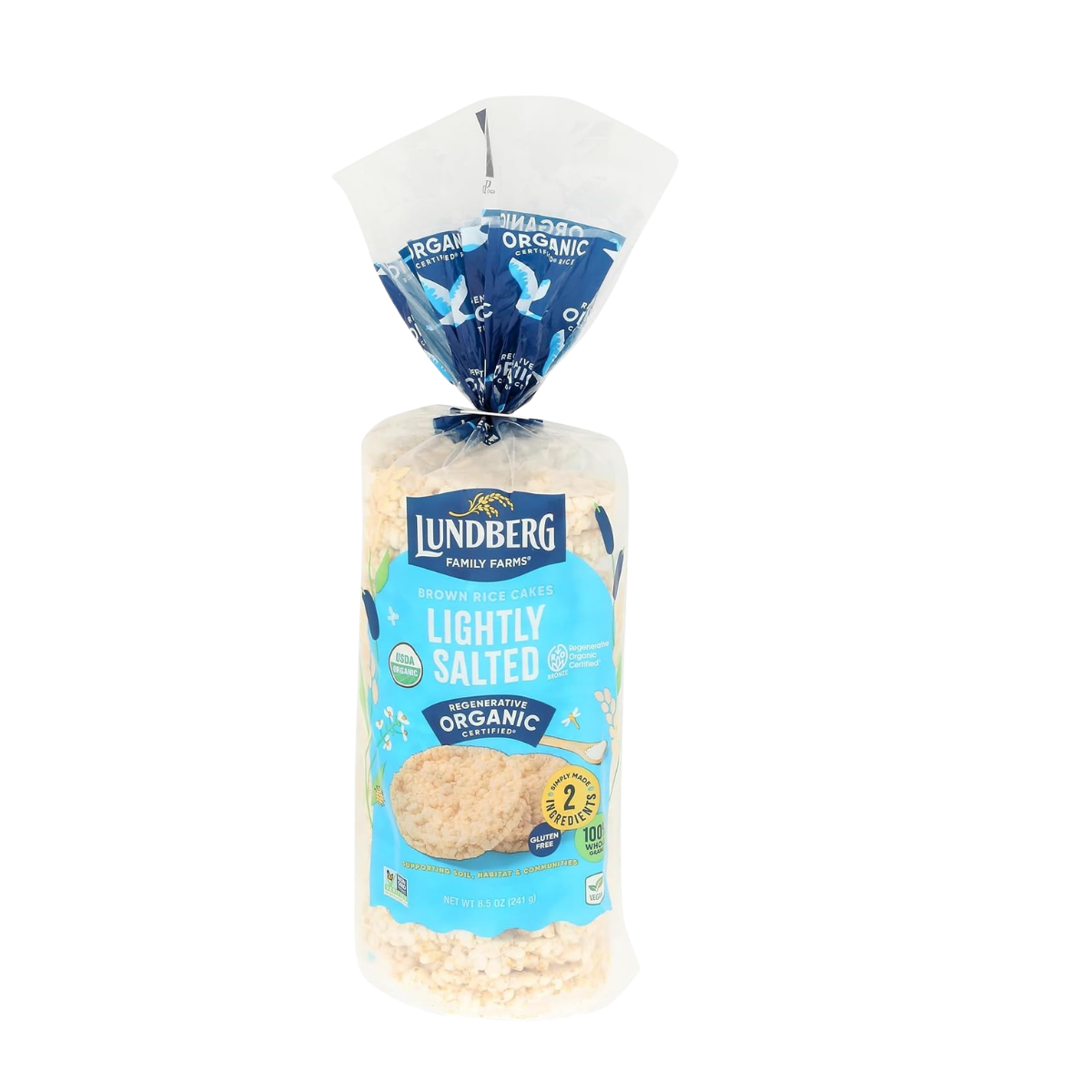A package of Lundberg lightly salted organic brown rice cakes with a blue and white label and transparent top showing rice cakes inside.
