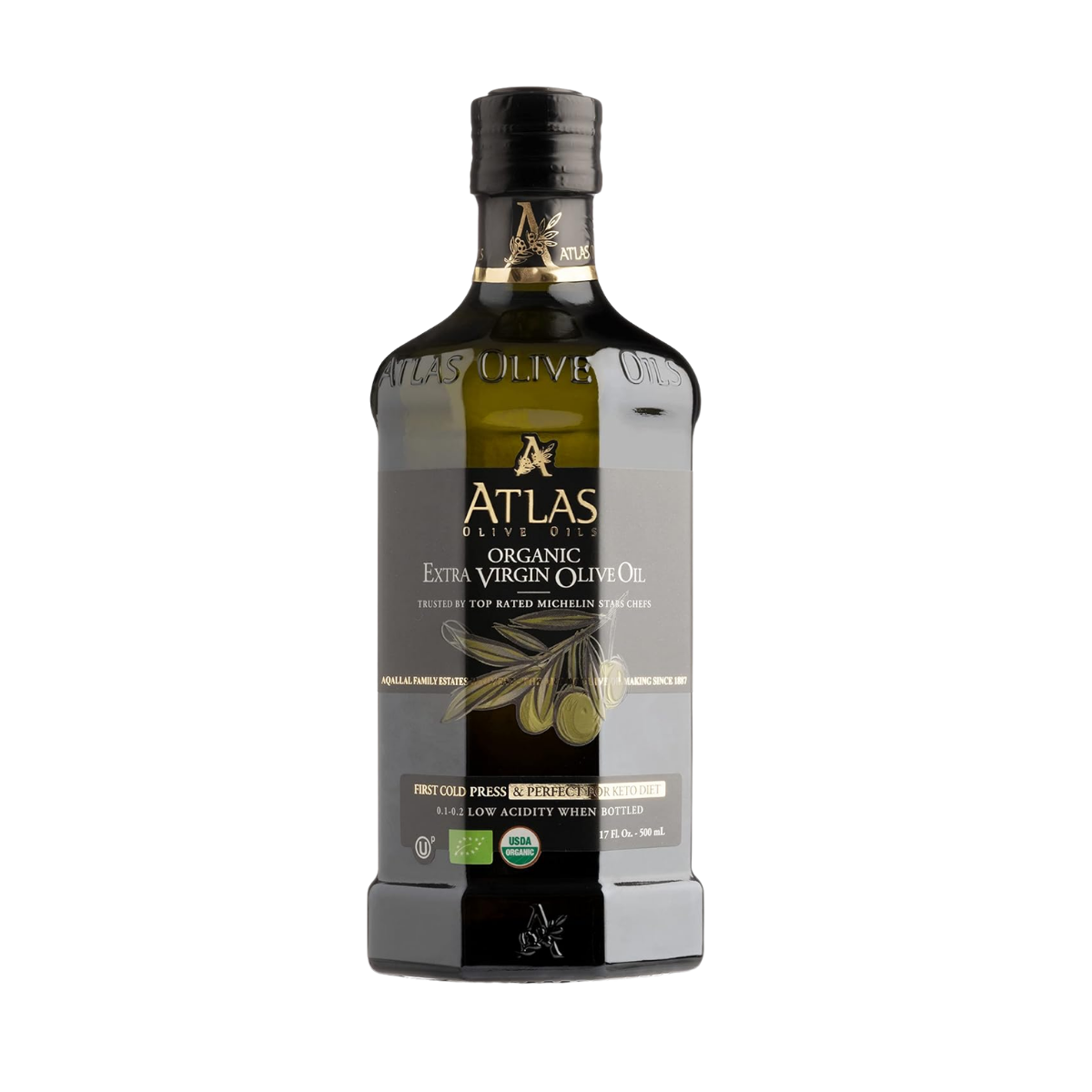 A bottle of Atlas organic extra virgin olive oil with a black label and gold details.