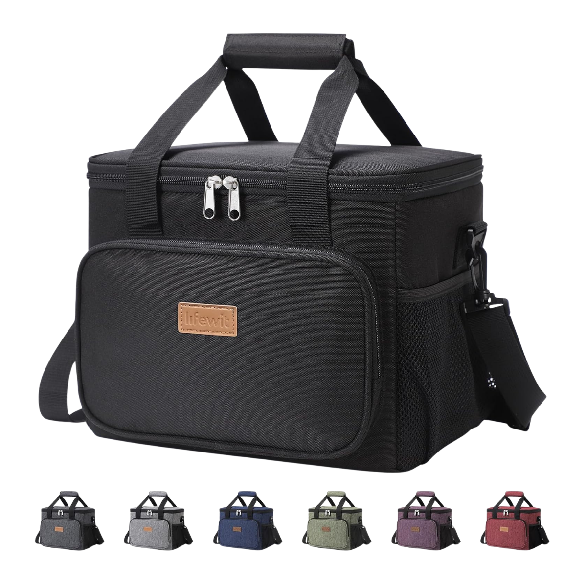 A black camera or shopping bag with a front pocket, side mesh pocket, and carrying strap. Several other similar bags in various colors are shown below.