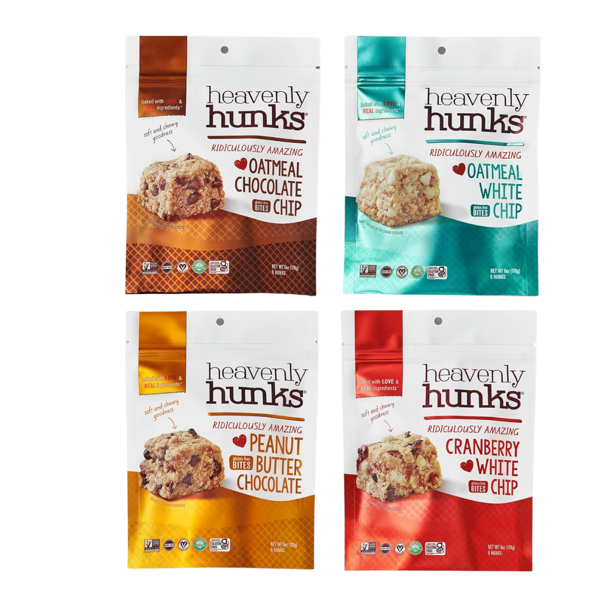 Four bags of Heavenly Hunks gluten-free cookie bites in different flavors: oatmeal chocolate chip, oatmeal white chip, peanut butter chocolate, and cranberry white chip, arranged in a grid.