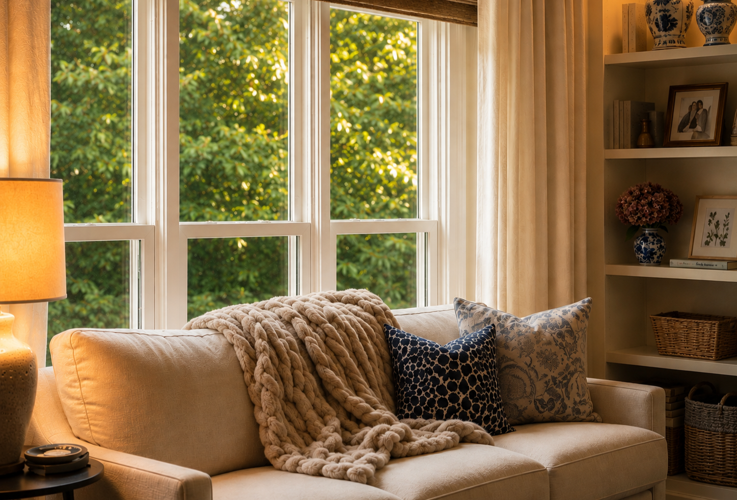 warm living room with windows showing early fall with greenery still outside the window.