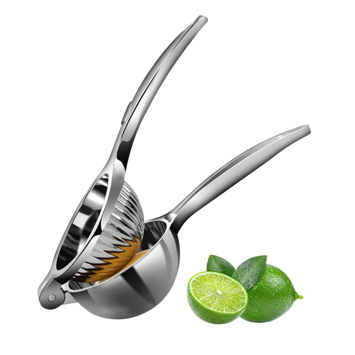 A metal citrus juicer with a half-cut lime and two whole limes next to it.