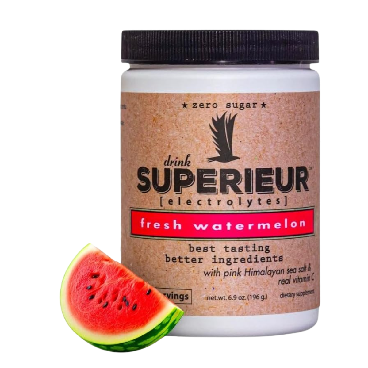 A container of Superieur electrolyte drink in watermelon flavor, with a slice of watermelon in front, isolated on a white background.