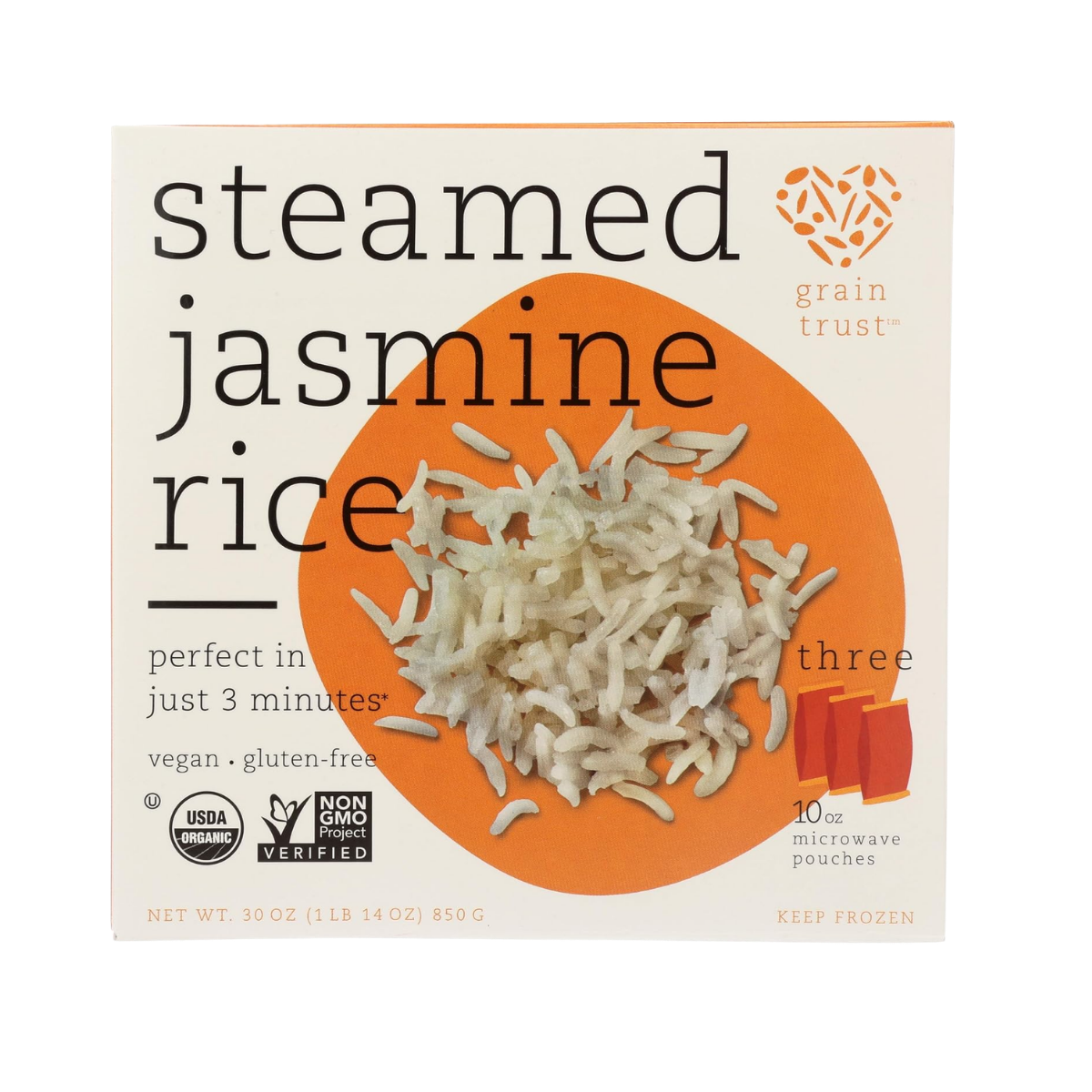 Package of Grain Trust steamed jasmine rice with shredded rice on front, USDA organic and non-GMO verified logos, net weight 30 oz, 10 microwave pouches, keep frozen.