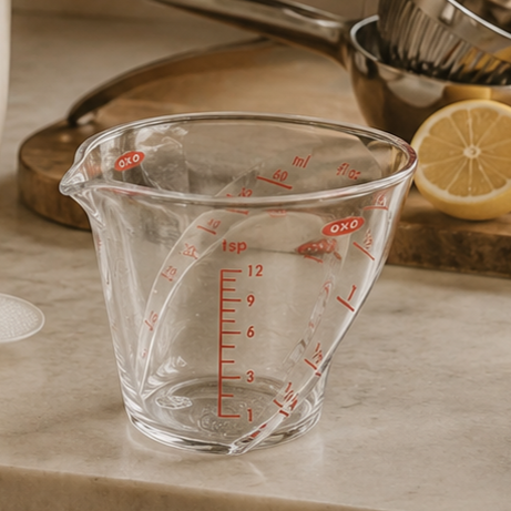 A clear measuring pitcher with red measurement markings on a kitchen countertop, with half a lemon and kitchen utensils in the background.