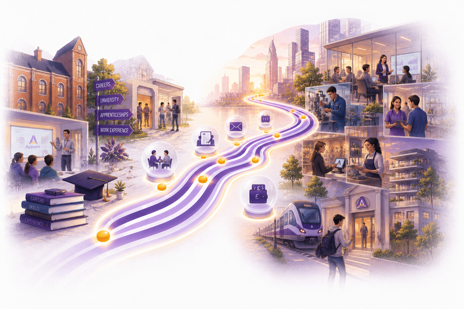Illustration showing how Apparo prepares learners before important moments in work and adult life through connected learning pathways.