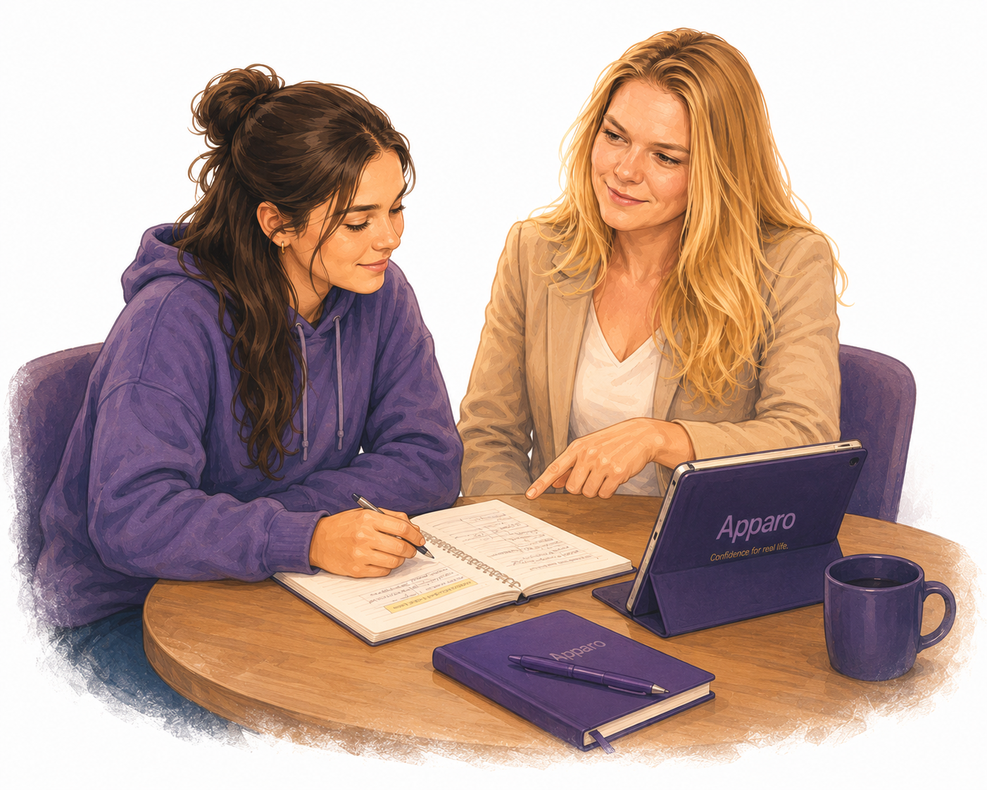 Photograph-style illustration showing Apparo founder Rebecca supporting a sixth-form student during a careers guidance conversation.