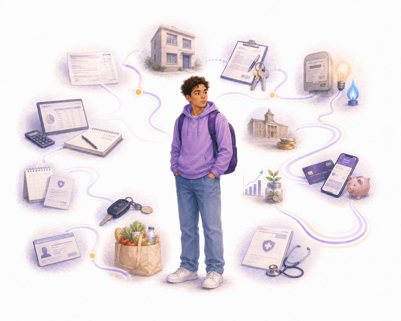 Illustration of a learner surrounded by everyday situations that build confidence for work and adult life, including interviews, communication, money and independent living.