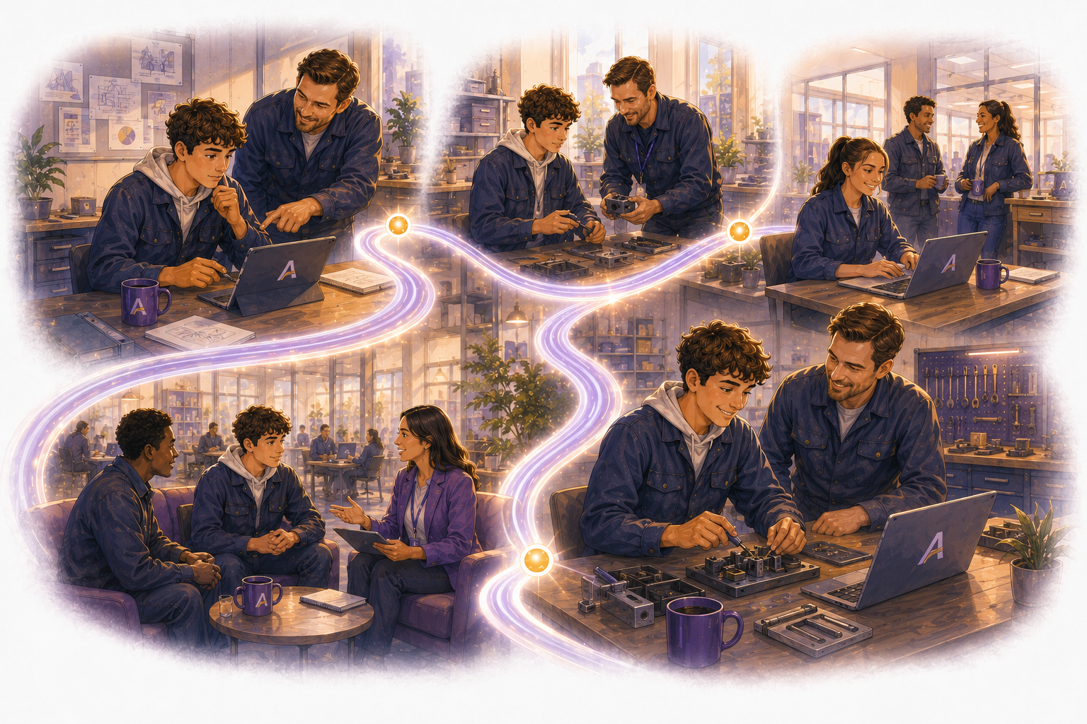 Illustration representing apprenticeship providers supporting learners as they transition into apprenticeships and employment.
