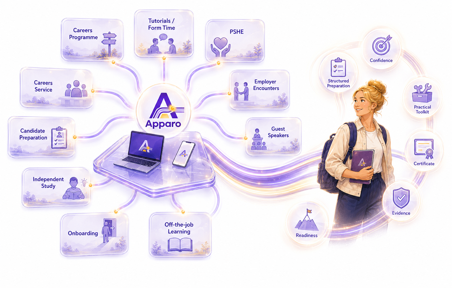 Illustration showing how Apparo integrates alongside existing careers education and organisational provision rather than replacing it.
