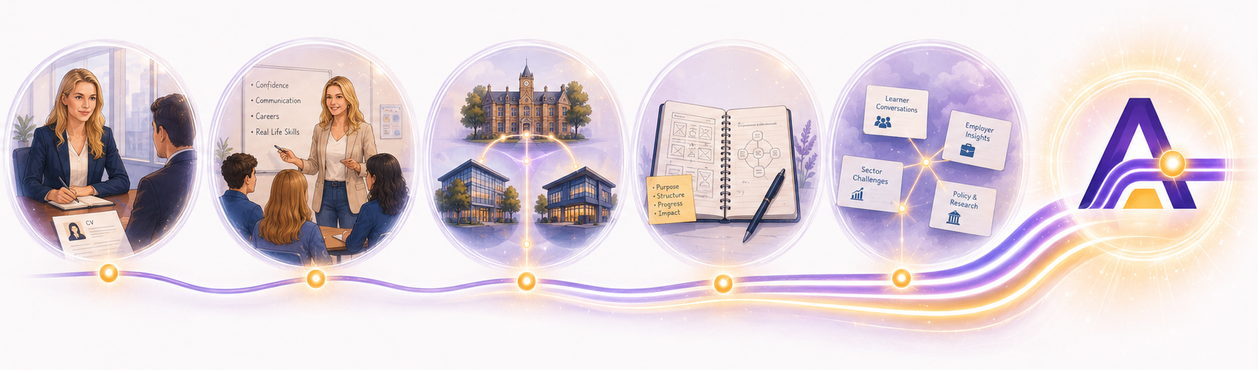 Illustration showing the experiences that shaped Apparo, from recruitment and education to the creation of a connected learning platform.