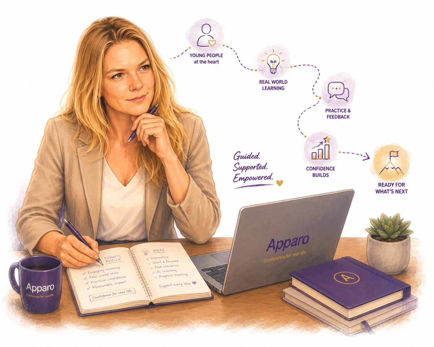 Photograph-style illustration showing Apparo founder Rebecca developing the ideas that became Apparo after recognising a gap between education and the practical demands of work and adult life.