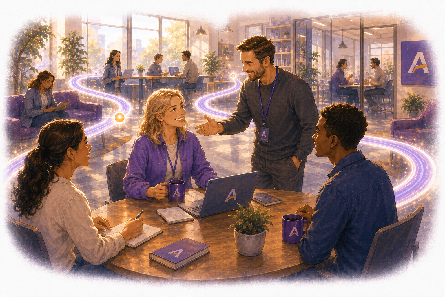 Illustration representing employers supporting young people as they begin work, develop workplace confidence, and build professional skills.