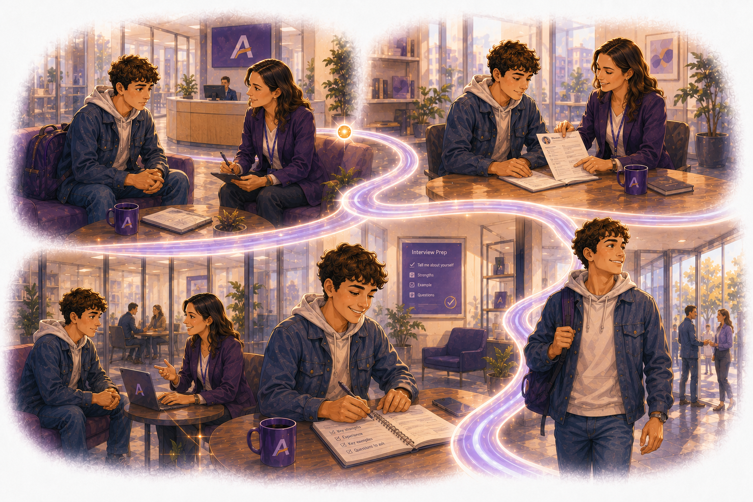 Illustration representing recruitment agencies helping young people prepare for interviews, recruitment processes, and employment opportunities.