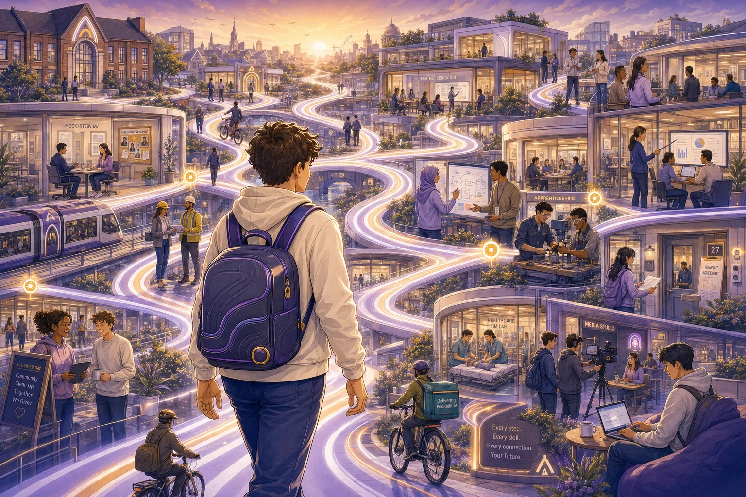 Illustration showing a young person navigating connected pathways between education, work and adult life, representing the practical experiences Apparo helps learners prepare for.