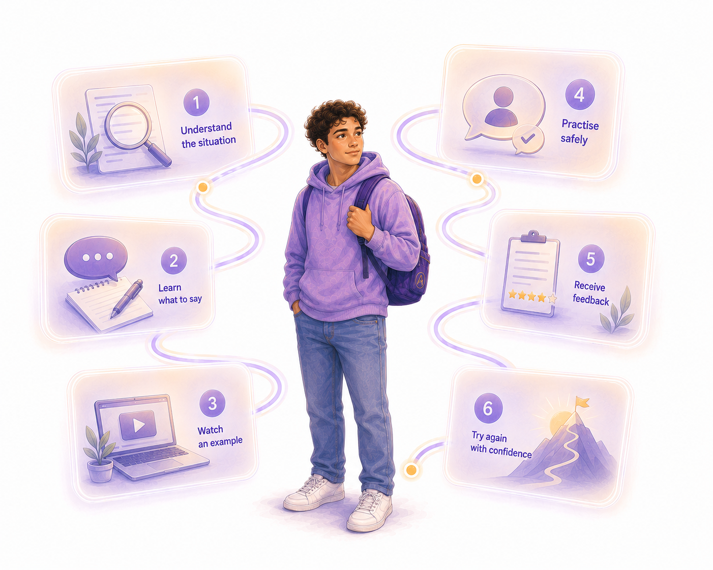 Illustration showing a learner progressing through connected learning activities that build confidence for work and adult life.