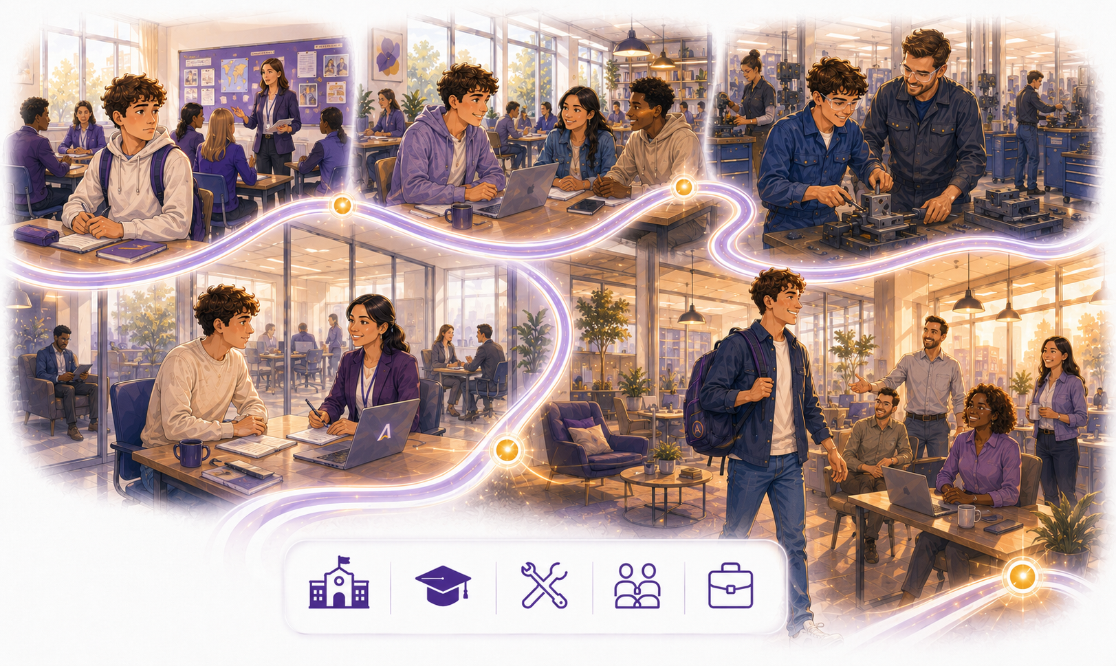 Illustration showing schools, colleges, apprenticeship providers, recruitment agencies, and employers supporting young people through different stages of learning and work.