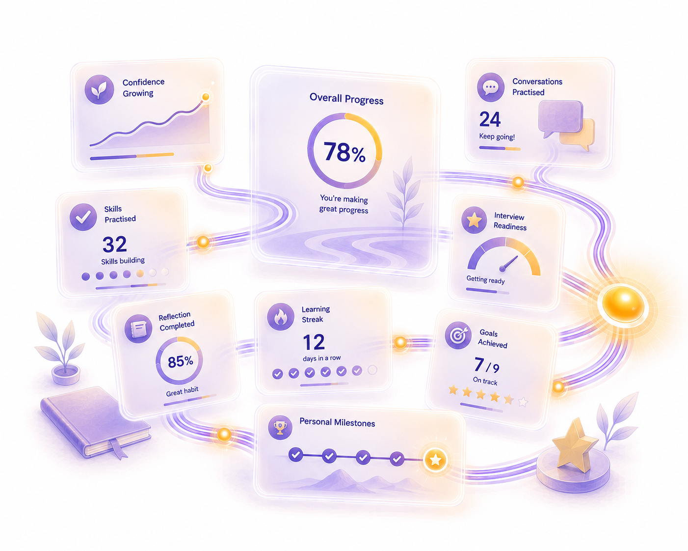 Editorial visualisation showing the types of learner progress, engagement, and evidence organisations can see through Apparo.
