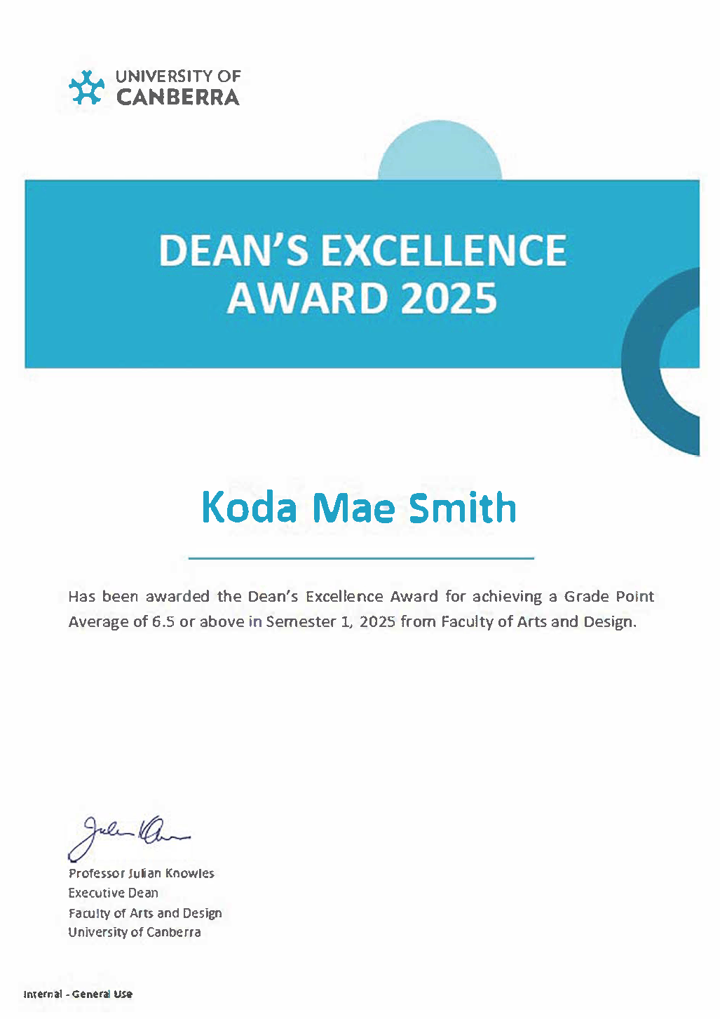 Certificate of award titled 'Dean's Excellence Award 2025' awarded to Koda Mae Smith from the University of Canberra, Faculty of Arts and Design, signed by Professor Julian Knowles, with the university logo at the top left.