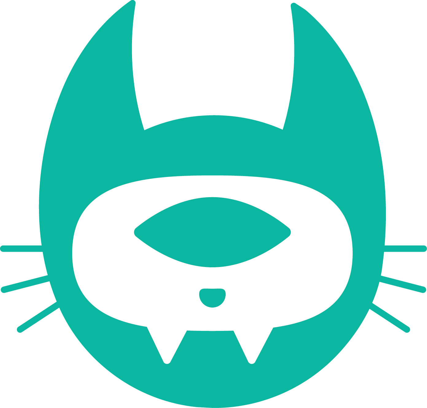 Stylized graphic of a cat's face combined with a cartoonish skull, with whiskers and sharp teeth, in teal and white colors.