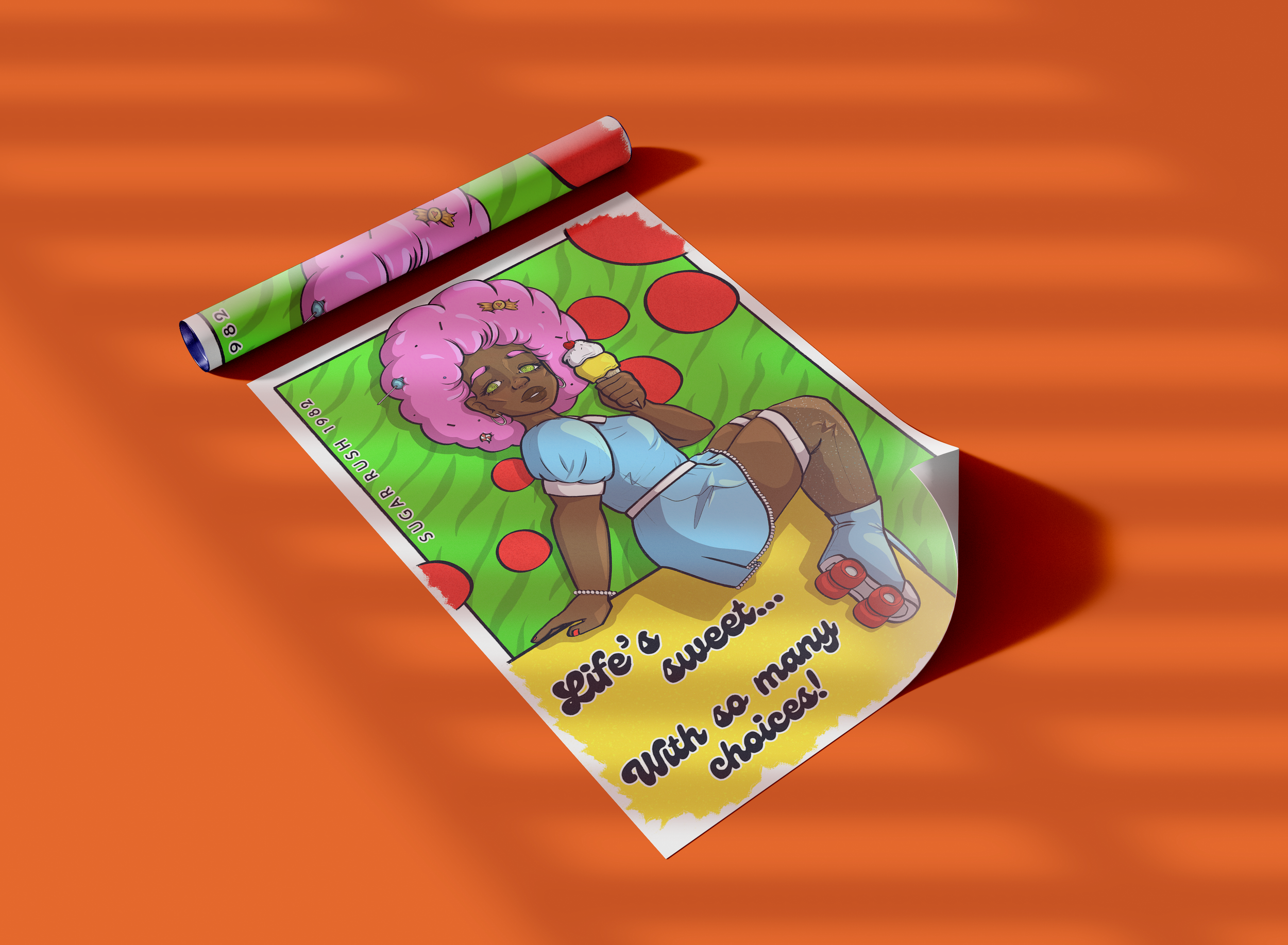 Colorful printed poster with a cartoon girl eating ice cream, surrounded by red circles, on a green background, with yellow and black text at the bottom.