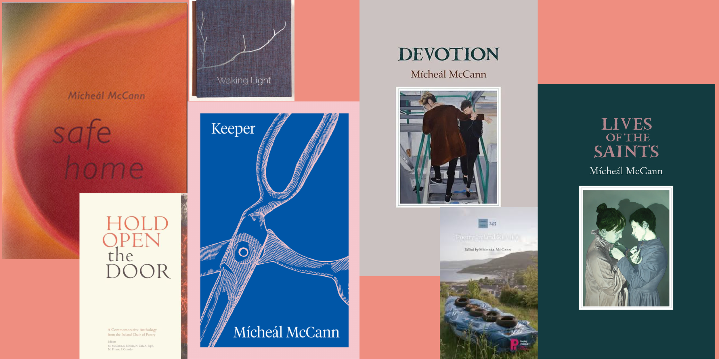 A collage of book covers by Micheál McCann, including 'Safe Home,' 'Waking Light,' 'Devotion,' 'Lives of the Saints,' 'Hold Open the Door,' and 'Keeper.'