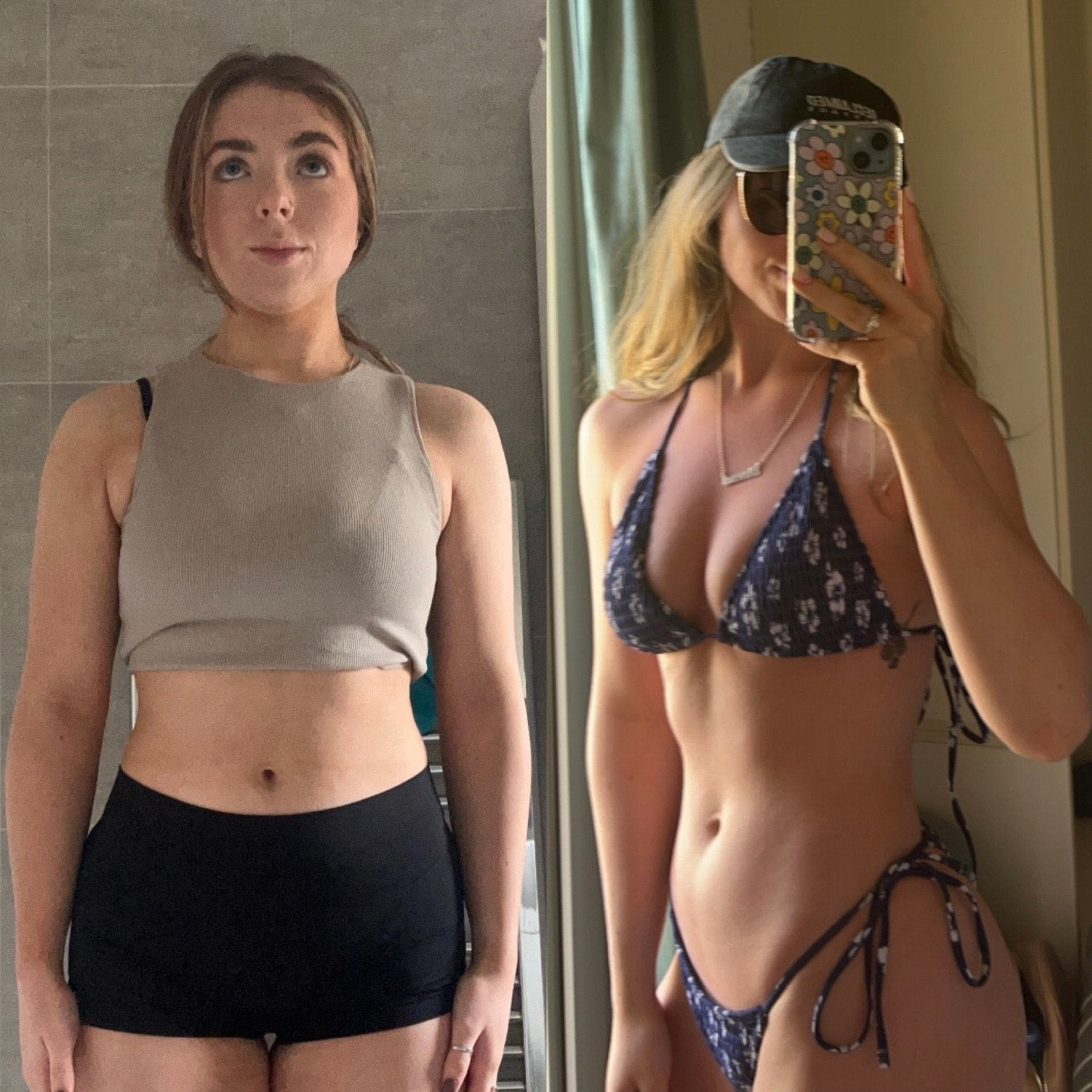 Side-by-side images of two women posing for selfies. The woman on the left has short brown hair, is wearing a gray sleeveless top, and is standing against a tiled wall. The woman on the right has long blonde hair, is wearing a black cap and a floral-patterned tank top, and is taking a mirror selfie with a phone that has a colorful floral case, with a room with a green curtain in the background.