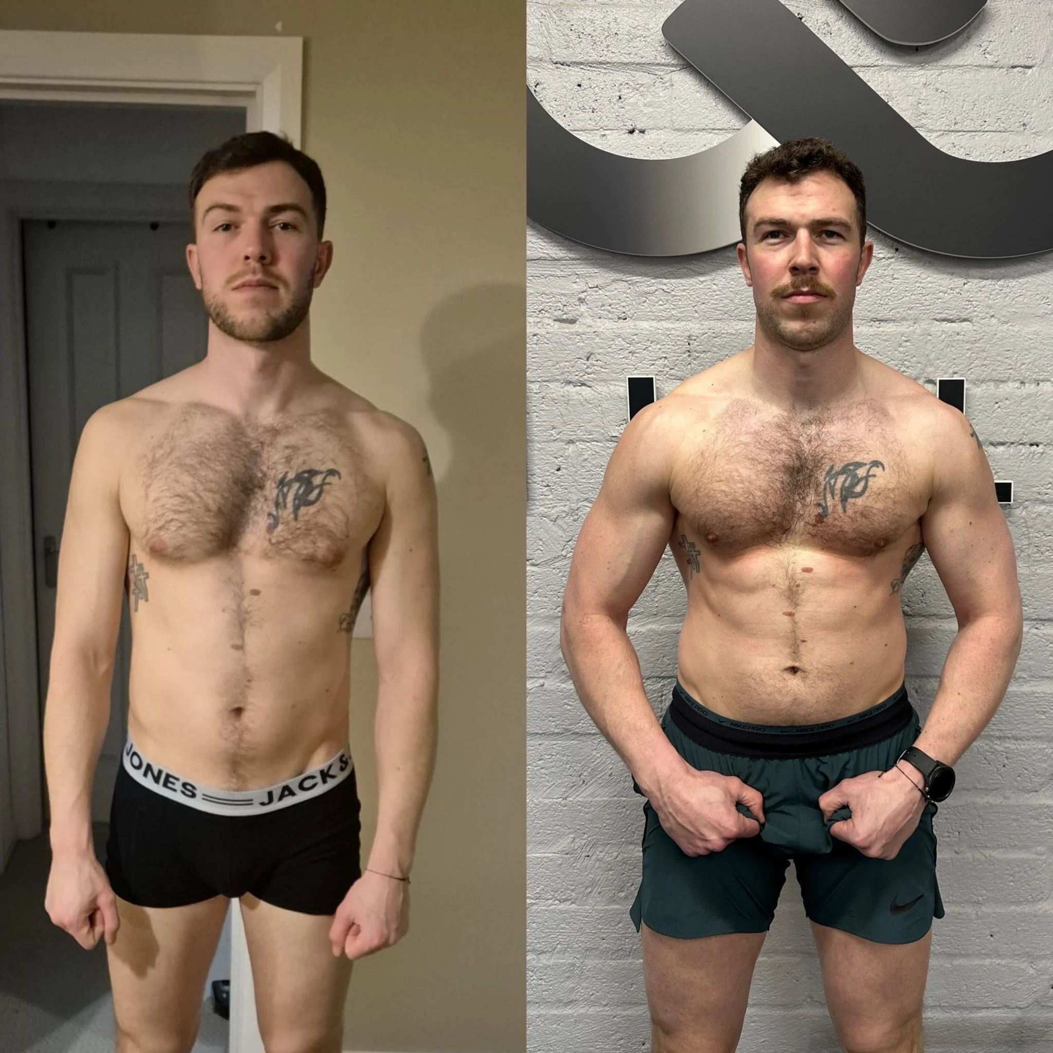 A side-by-side comparison of a shirtless man before and after a fitness transformation. In the 'before' photo, he has a lean physique and is wearing black shorts with a white waistband. In the 'after' photo, he appears more muscular, has a tattoo on his chest, and is wearing black Nike Pro shorts, standing against a textured white wall.