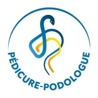 Logo de Pédicure-Podologue avec un symbole stylisé de pied et texte en bleu.