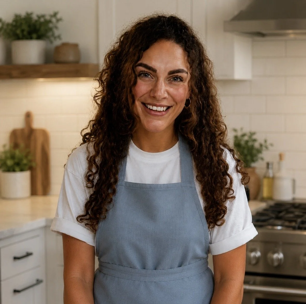 A private chef with curly brown hair wearing a light blue apron and white t-shirt, smiling in a kitchen.