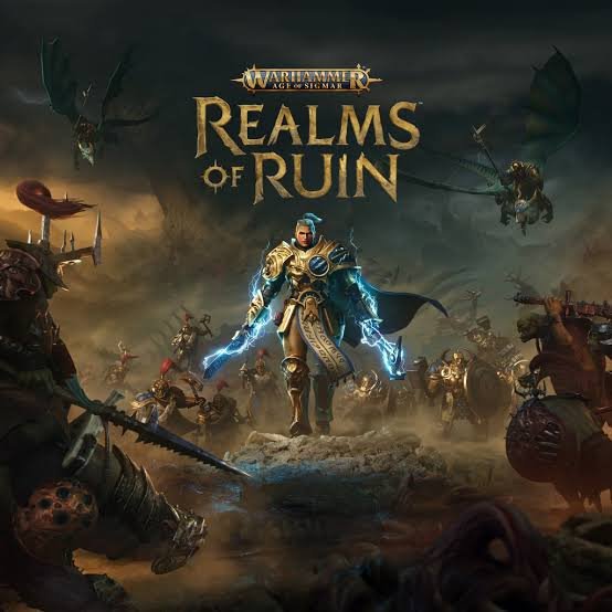 Cover art for Warhammer Age of Sigmar: Realms of Ruin, featuring a central hero wielding lightning, surrounded by various fantasy warriors, monsters, and flying creatures in a dark, stormy landscape.