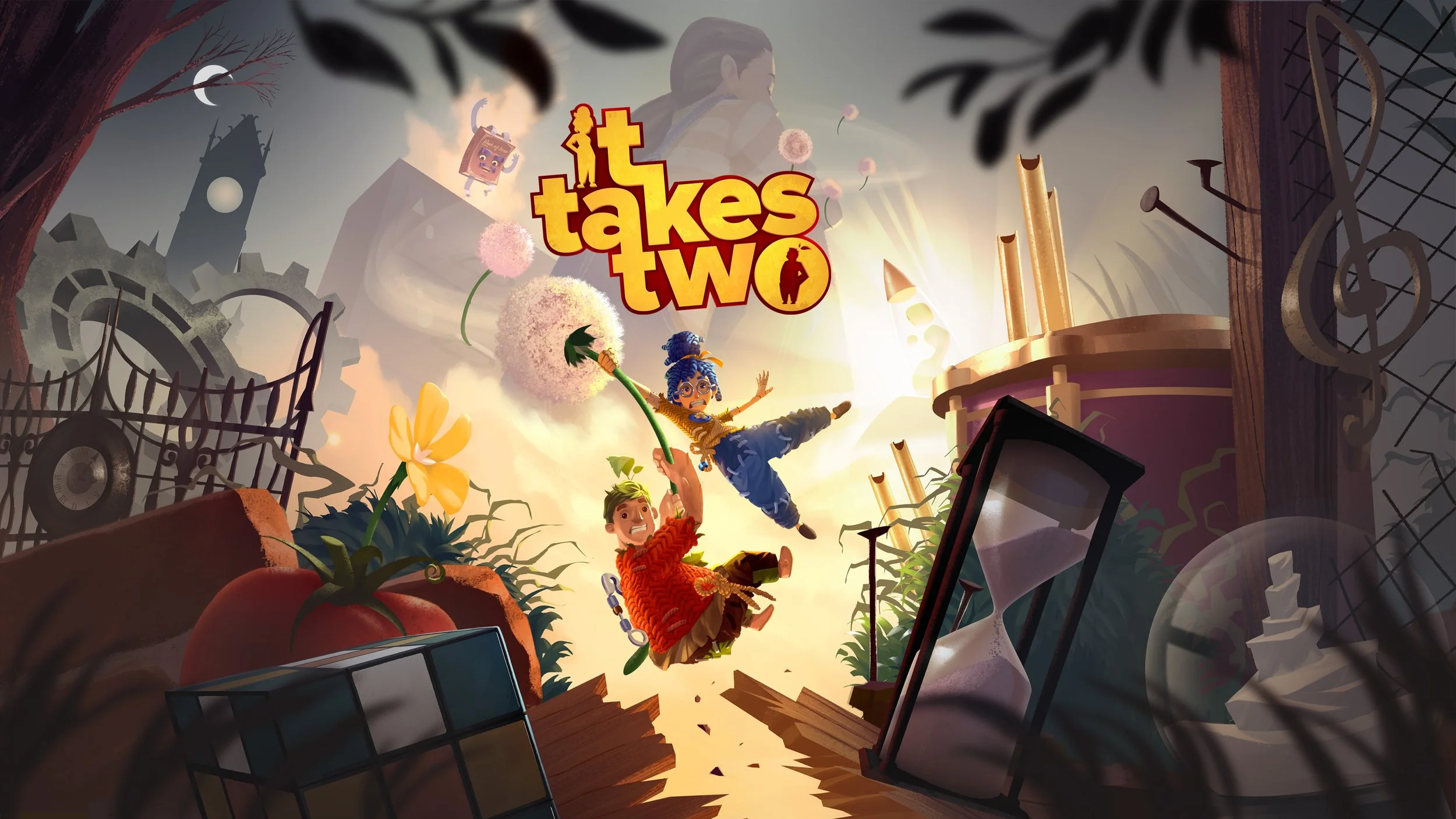 Animated scene from the game 'It Takes Two' with two characters falling through a chaotic environment featuring broken objects, gears, flowers, and a clock tower in the background.