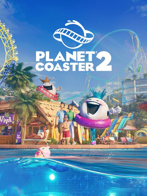 Illustration of a lively amusement park named 'Planet Coaster 2' with a large water feature, cartoonish smiling characters, roller coasters, a Ferris wheel, palm trees, and visitors enjoying the day.