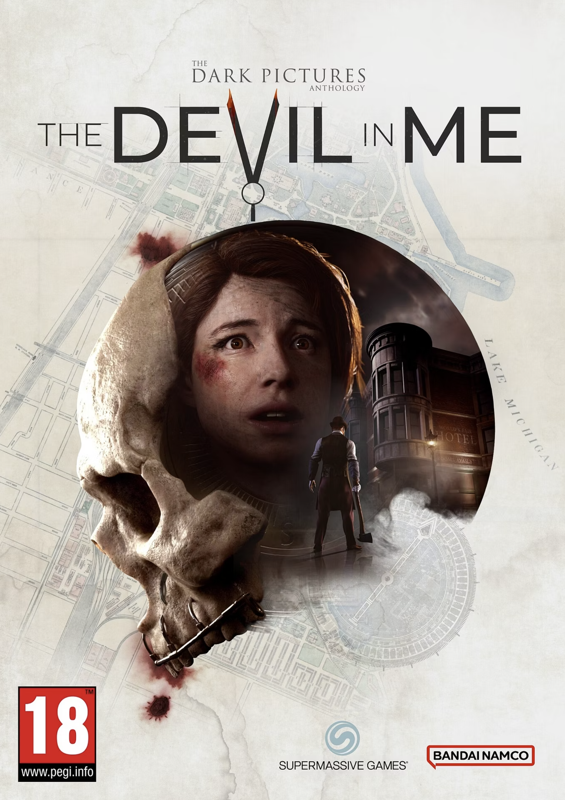Cover art for the video game 'The Dark Pictures Anthology: The Devil in Me,' featuring a human skull, a woman with a frightened expression, and a man in a trench coat holding a shovel, with a map background and logos of Supermassive Games, Bandai Namco, and PEGI 18 rating.