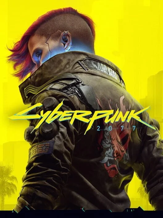 Cyberpunk 2077 video game cover with a character wearing a futuristic jacket against a yellow background.