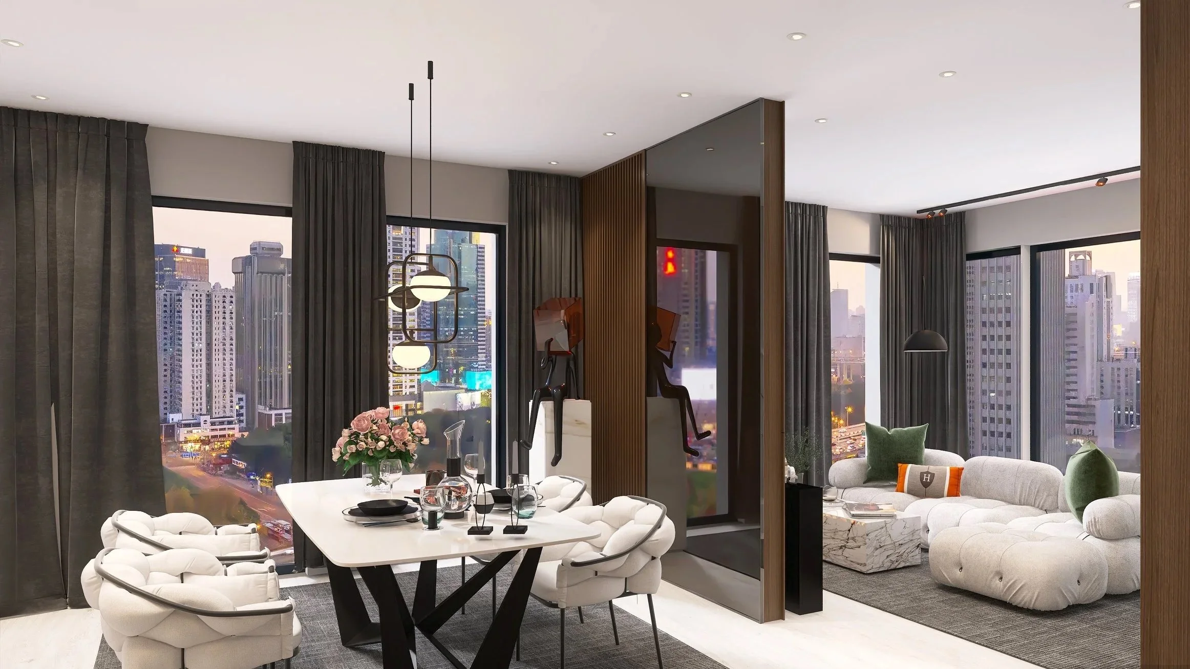 Modernes Wohnzimmer mit Stadtblick, weißem Sofa und Essbereich, Interior Design Konzept als 3D-Visualisierung