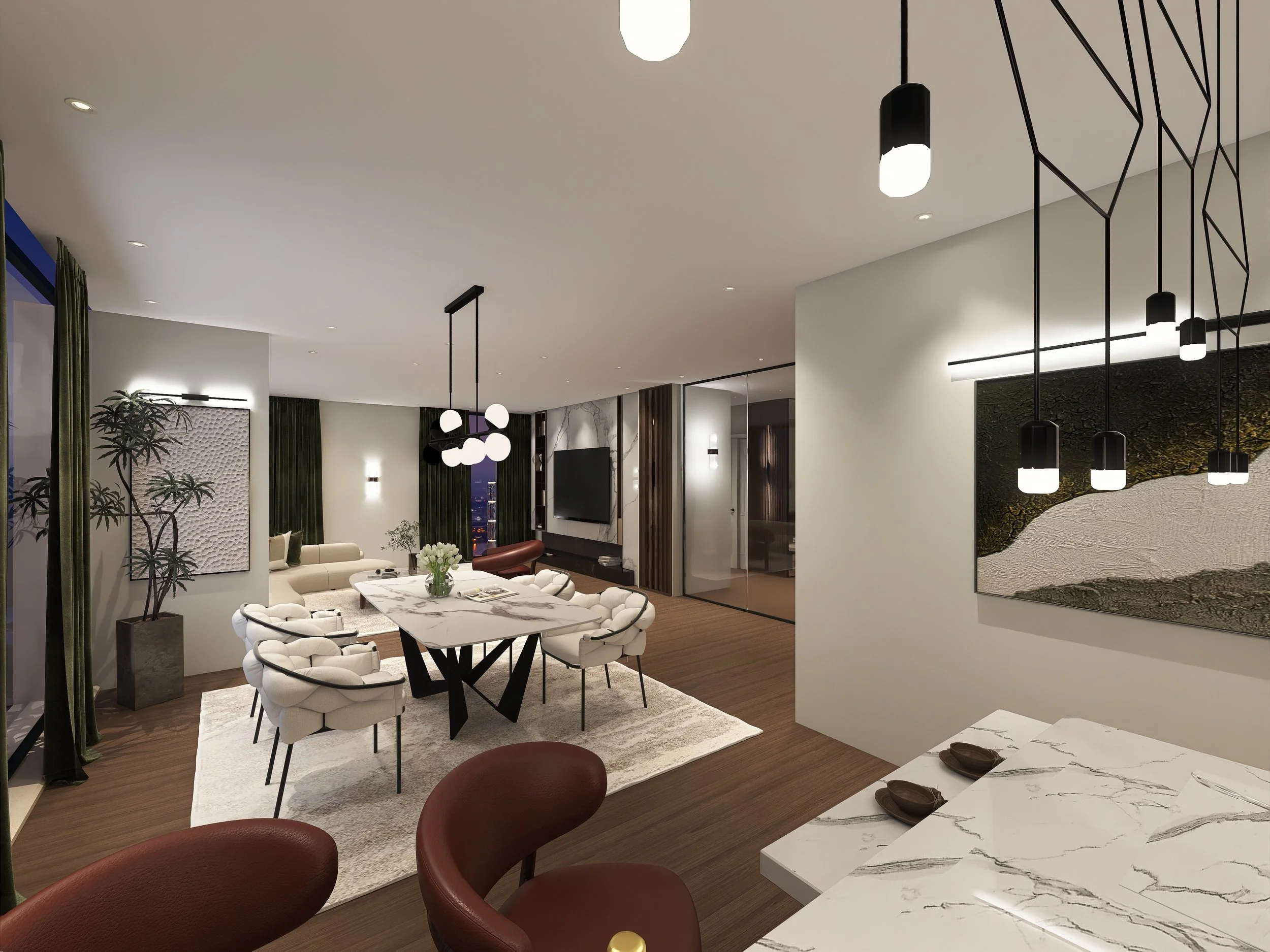Moderne, offene Wohnzimmer- und Essbereich mit weißem Sofa, dunklem Esstisch, weißen Sesseln, mehreren künstlerischen Lichtelementen, Pflanzen und einem Fernseher an der Wand in einem stilvollen Apartment.