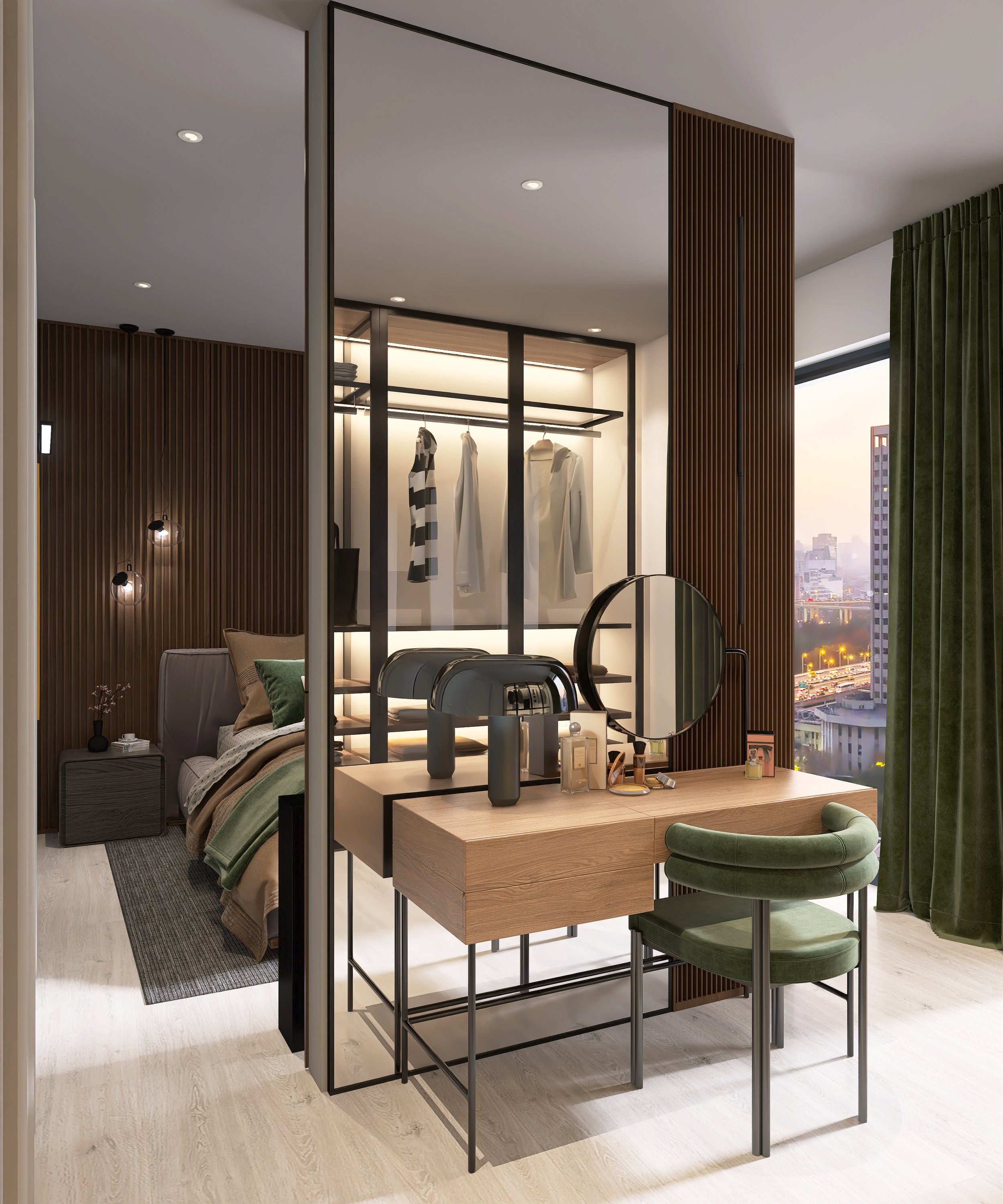 Modernes Schlafzimmer mit offener Kleiderstange, weißen Kleider und einem Fenster mit Stadtblick. Holzvertäfelung an der Wand, grüne Vorhänge und ein kleines Wellness-Set auf einem Tisch.