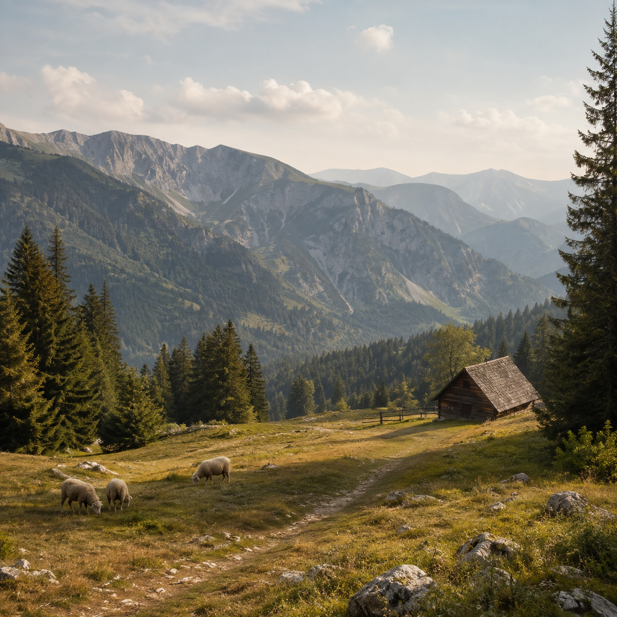 Eine ländliche Landschaft mit Bergketten im Hintergrund, ein kleines Holzhaus, Tannenbäume und Schafe auf einer Wiese.