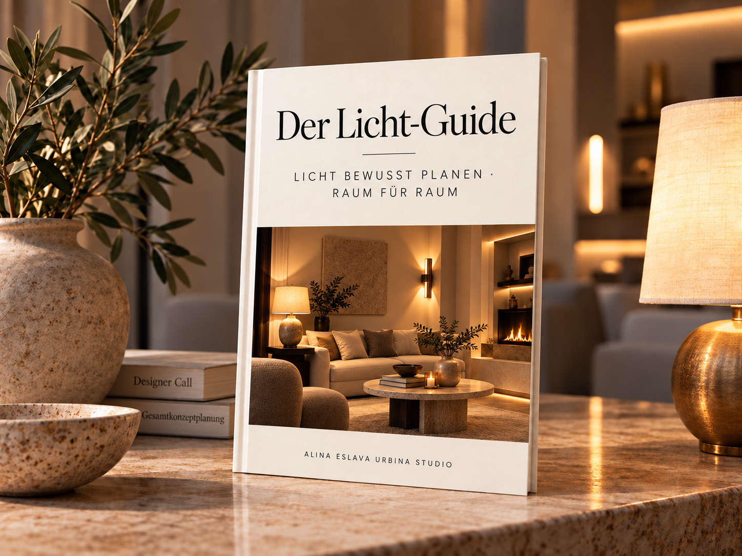 Der Licht-Guide von Alina Eslava Urbina auf einem Steintisch, digitaler Ratgeber für die Lichtplanung zu Hause