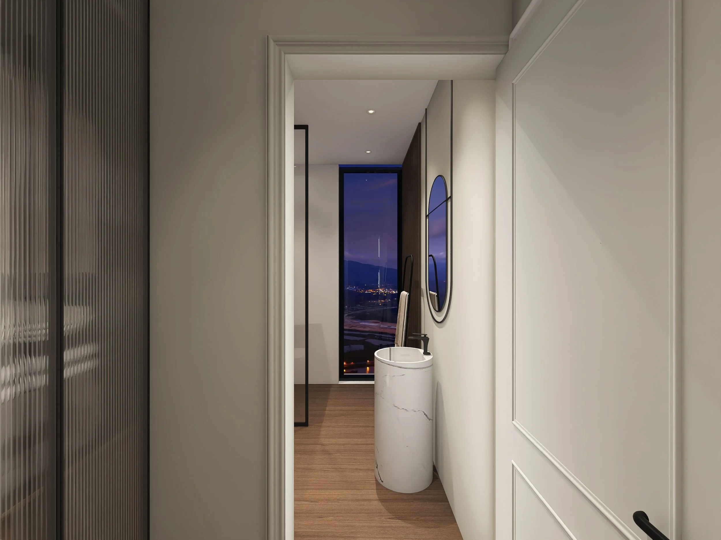 Inneneinrichtung eines modernen Raumes mit Blick durch eine Tür auf einen Balkon bei Nacht, Blick auf die Stadt.