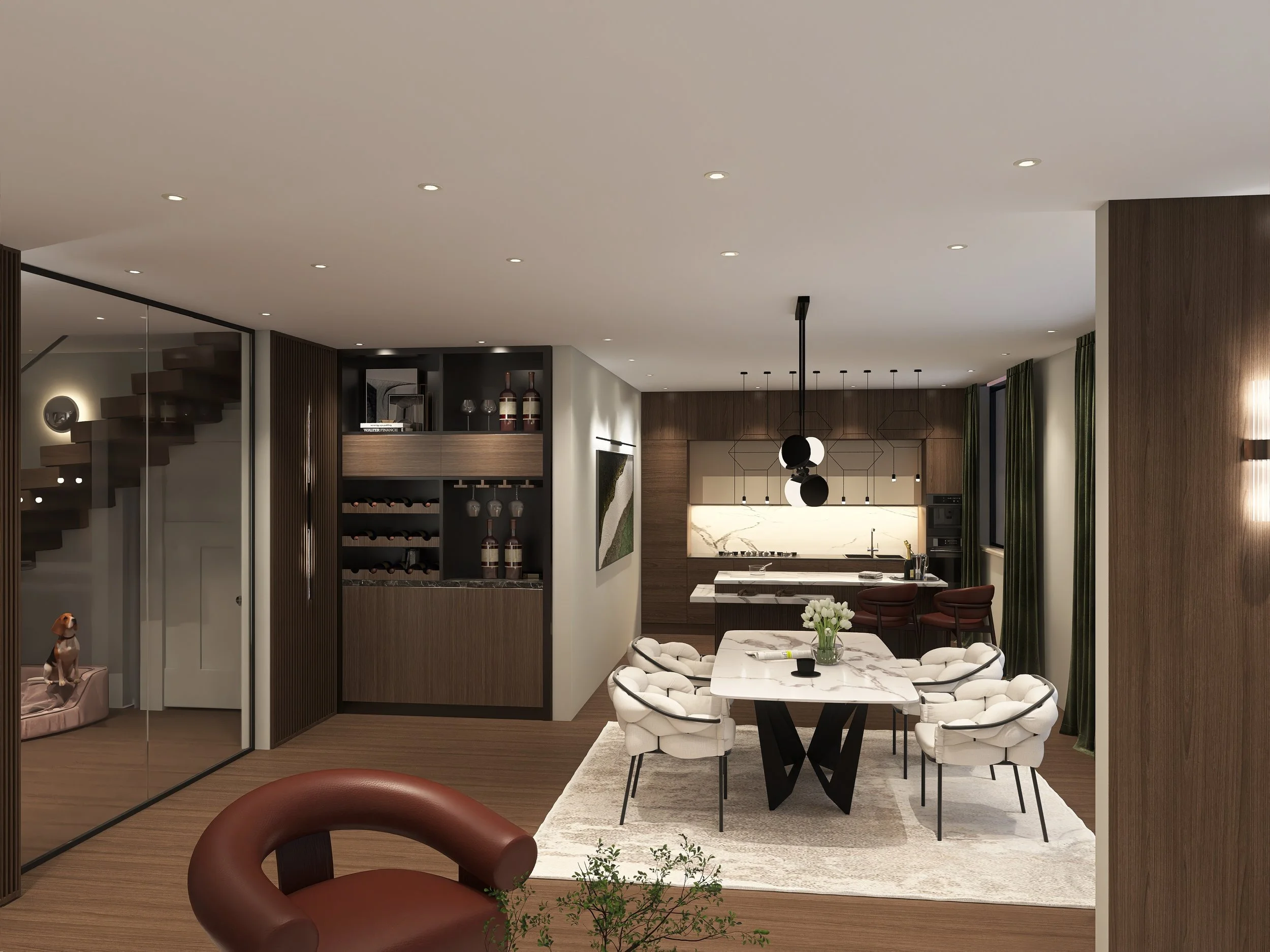 Moderne, offene Wohnküche mit Esstisch, weißen Sesseln, dunklem Holzküchenschrank, Wanddeko, grünen Vorhängen und Hängeleuchten.