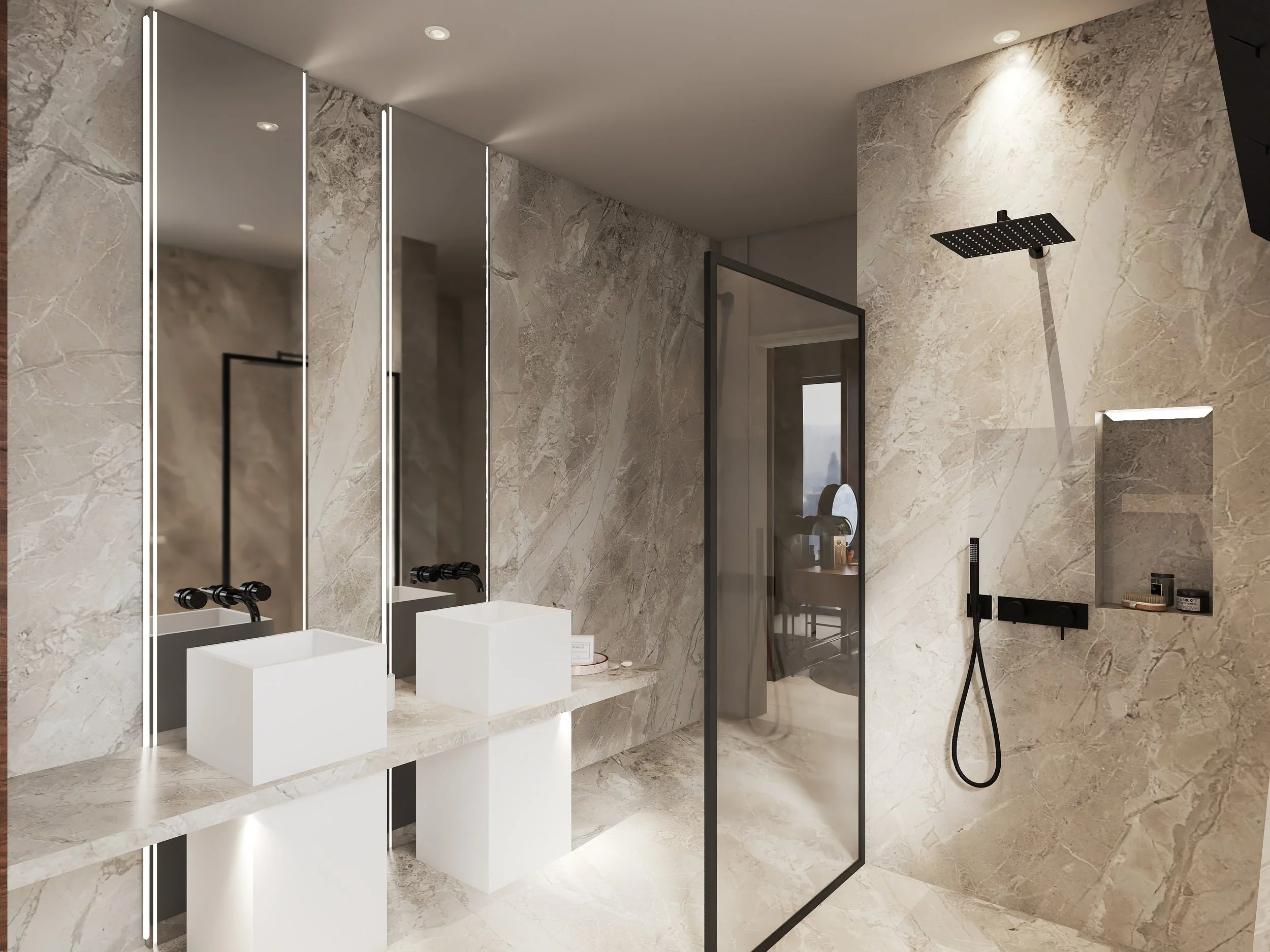 Moderne Badezimmer mit Wandfliesen aus beige Marmor, zwei weiße Waschbecken mit schwarzen Wasserhähnen, Gebläse-Dusche mit schwarzer Duscharmatur, große schwarze Duschkopf und schwarze Duschstange, großes Wandspiegel, schwarze Tür, schwarzes Duschfenster.